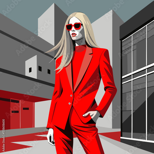Stylish Blonde Woman in Red Power Suit Walking in City
