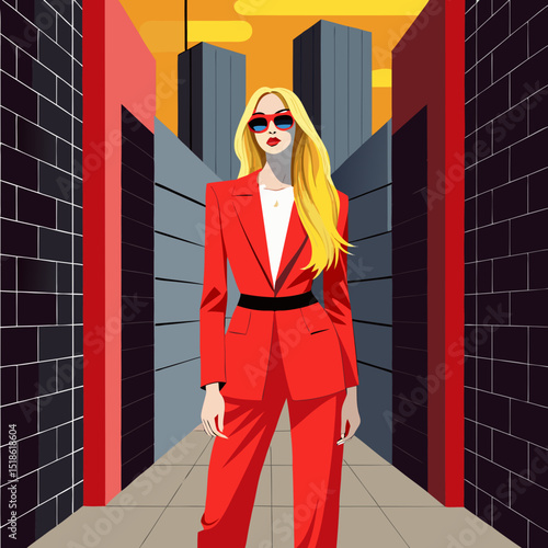 Stylish Blonde Woman in Red Power Suit Walking City Alley