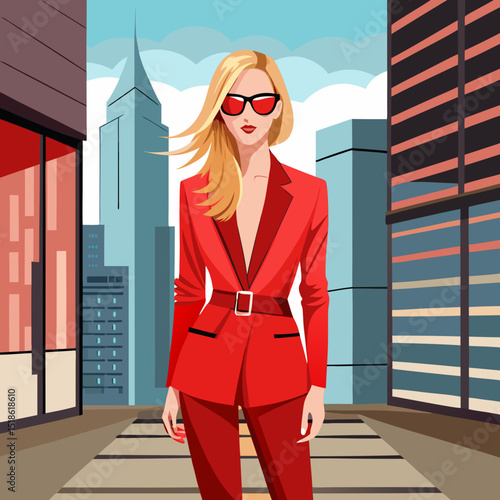 Stylish Blond Woman in Red Power Suit Walking City Street