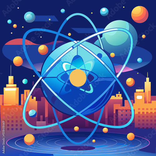 Abstract Atom Model Over Futuristic Cityscape Illustration
