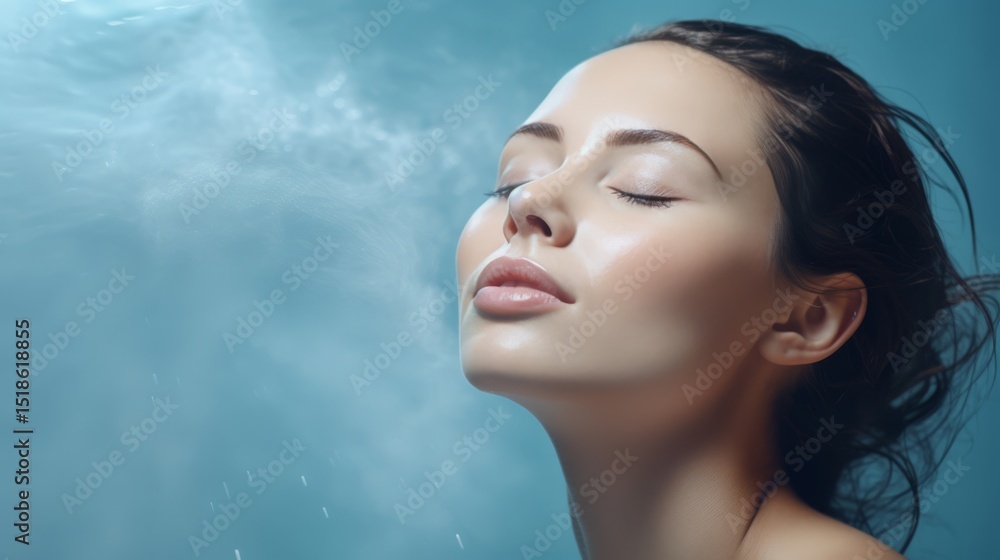 Naklejka premium Peaceful woman with glowing skin and closed eyes enjoying a cool water mist. The soft blue background enhances the tranquil and rejuvenating atmosphere