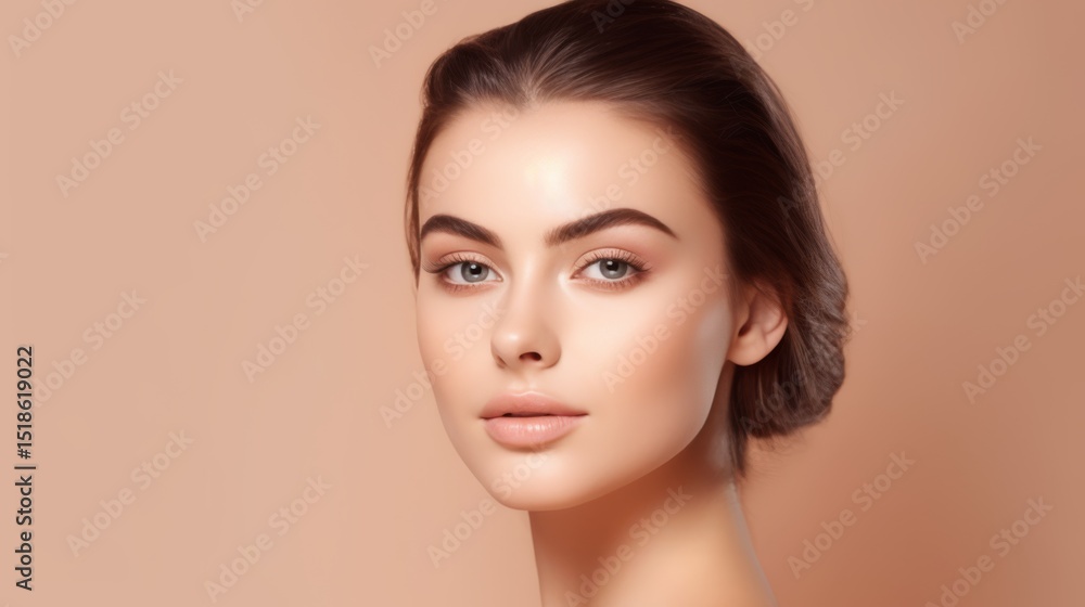 Fototapeta premium Close-up portrait of a young woman with flawless skin, striking blue eyes, and a sleek brunette updo. Her poised expression and soft lighting enhance her natural beauty against a warm background
