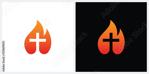 fire cross church logo design vector template
