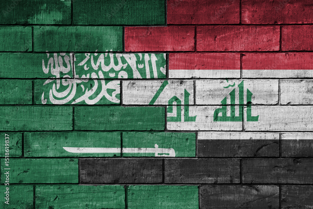 Fototapeta premium colourful painted big national flag of saudi arabia and flag of iraq on a massive old brick wall background. concept