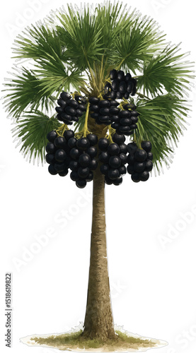 Illustration of a Mature Sabal Palm Tree Loaded with Dark Black Fruit