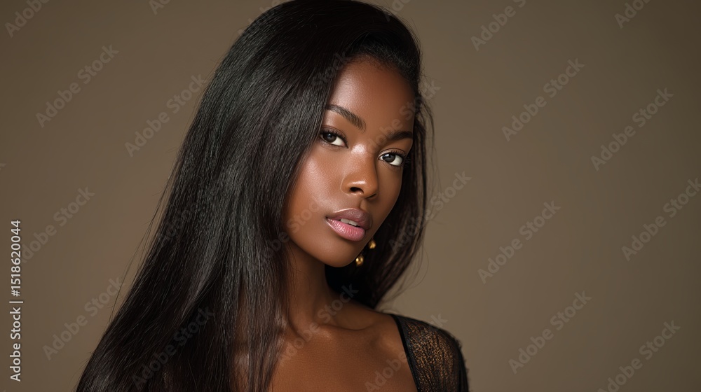 Naklejka premium Beautiful Black Woman Portrait Stunning Long Hair Natural Makeup Elegant Style Fashion Model Beauty Photography Studio Shot Brown Background High Fashion Image girl skin 