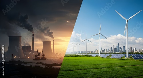 Split-Screen Comparison of Fossil Fuels and Renewable Energy — Pollution Versus Clean Power in Modern Contrasting Design
