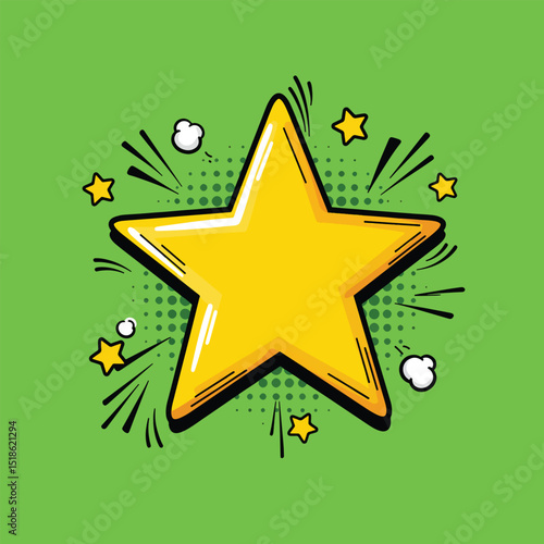 pop art star symbol with comic outlines and vibrant doodle bursts on lime green