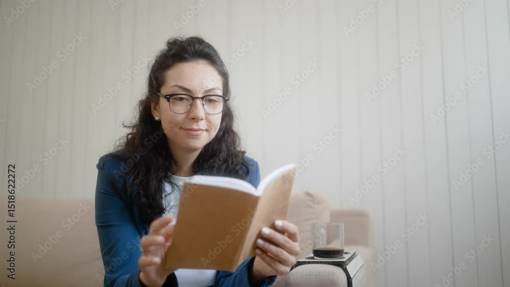 Relaxed woman in glasses reading a book and enjoying coffee at home. Calm indoor setting with minimal decor and a cozy atmosphere. Relaxed woman in glasses reading a book and enjoying coffee at home. Calm indoor setting with minimal decor and a cozy atmosphere.