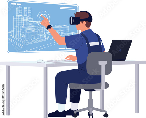Industrial engineer using augmented reality and digital twin interface to operate and monitor smart factory equipment in a modern control room setting