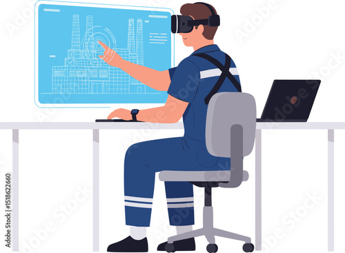 Industrial engineer using augmented reality and digital twin interface to operate and monitor smart factory equipment in a modern control room setting