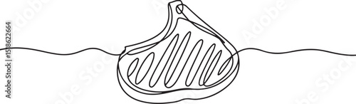 Continuous one line drawing of a grilled ribeye steak with T-bone and grill marks, minimalist black line art on white background

