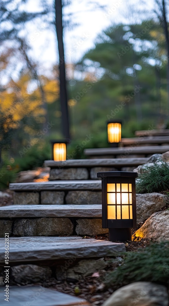 Obraz premium Stone steps with lantern lighting, leading through a tranquil woodland setting at twilight