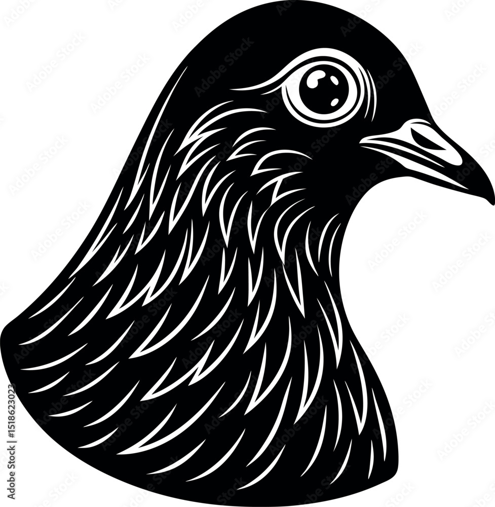 Fototapeta premium Pigeon Face in Soft Grey Metallic Chrome on White Background Shallotte