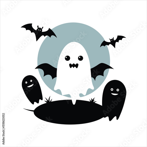 Halloween Vector with Ghosts and Flying Bats