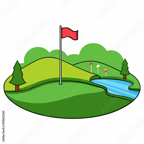 A charming golf course landscape graphic featuring a green hill fairway a flag and trees perfect for branding websites or creating playful golf-themed designs