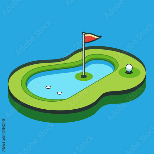 Vector illustration of a miniature golf hole featuring a curved green outlined in dark green, a red-flagged hole with a golf ball, and a bright blue background evoking sky or water.