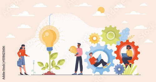 Generation of business ideas. Moving banner with office workers sitting on cogwheels and coming up with creative solutions for startup. Brainstorming and Problem Solving. Flat graphic animated cartoon