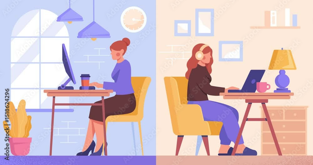 Office vs Home. Comparison of remote work for freelancer and employee of large company. Character with flexible schedule working from home and manager in office. Flat graphic animated cartoon Office vs Home. Comparison of remote work for freelancer and employee of large company. Character with flexible schedule working from home and manager in office. Flat graphic animated cartoon