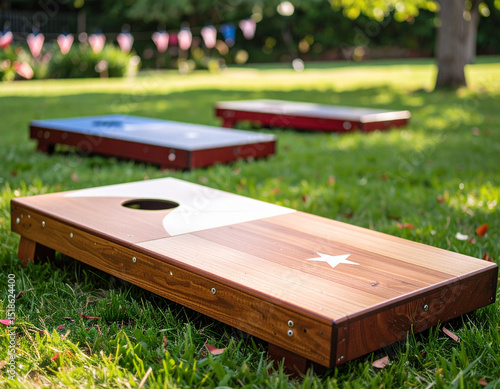 Classic American backyard games like cornhole are set up, suggesting fun and community during the Independence Day festivities.