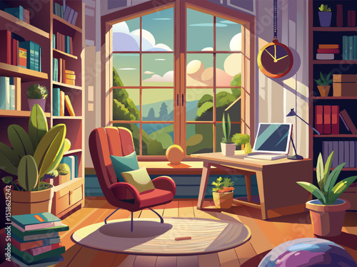 vector of Cozy study space with large windows, comfortable chair and soft natural light...