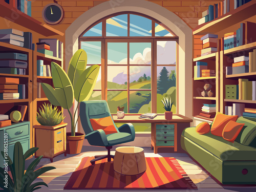 vector of Cozy study space with large windows, comfortable chair and soft natural light...