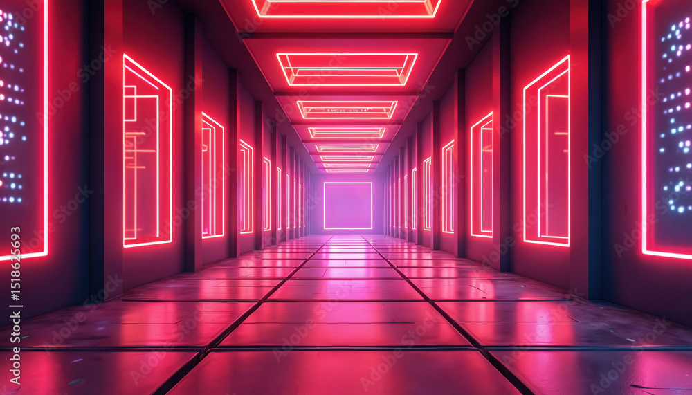 Futuristic illuminated tunnel with neon lights. Long corridor with glowing frames, floor reflections. Red, pink glowing led lights in abstract digital space. Disco club stage concept. Futuristic illuminated tunnel with neon lights. Long corridor with glowing frames, floor reflections. Red, pink glowing led lights in abstract digital space. Disco club stage concept.