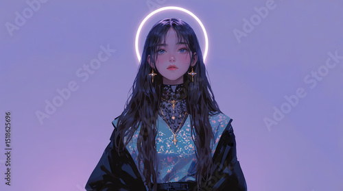 A beautiful anime girl nun with elaborate tattoos, wearing a traditional nun's habit with a contemporary twist, in a dramatic and atmospheric background. Generative AI