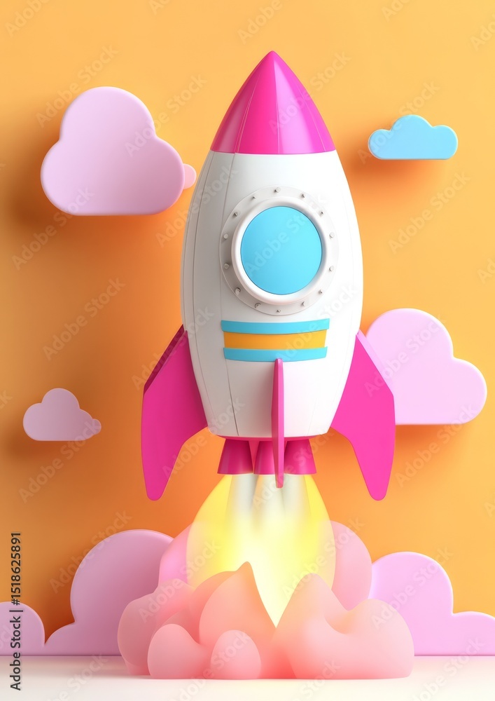Colorful toy rocket launching through pink clouds on bright yellow background Colorful toy rocket launching through pink clouds on bright yellow background