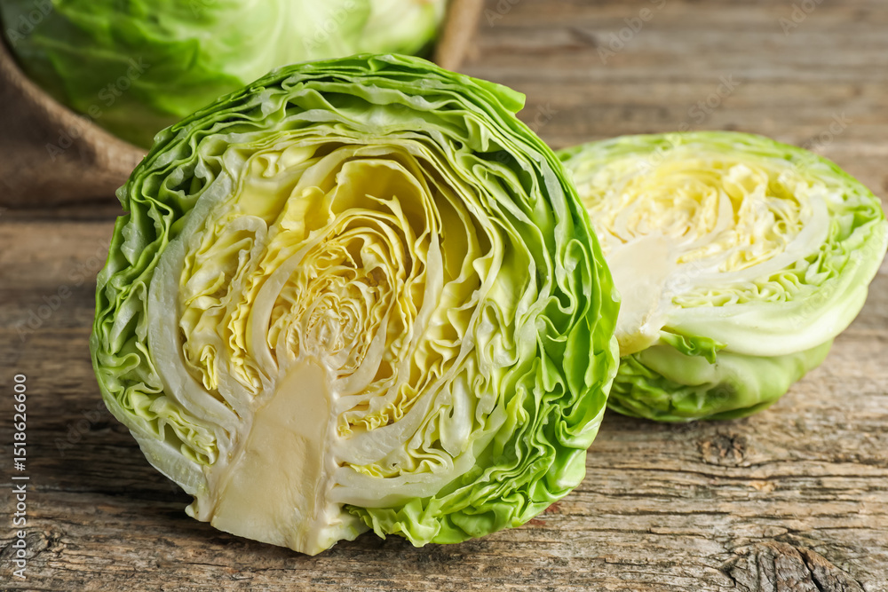 Obraz premium Cut fresh cabbage on wooden table, closeup