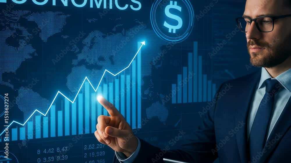 A man analyzing economic data, touching a virtual financial graph with an upward trend. Global business and market growth concept footage. A man analyzing economic data, touching a virtual financial graph with an upward trend. Global business and market growth concept footage.