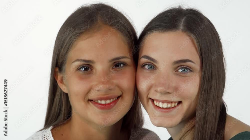 Two joyful young women friends beaming at the camera, posing cheek to cheek Two joyful young women friends beaming at the camera, posing cheek to cheek