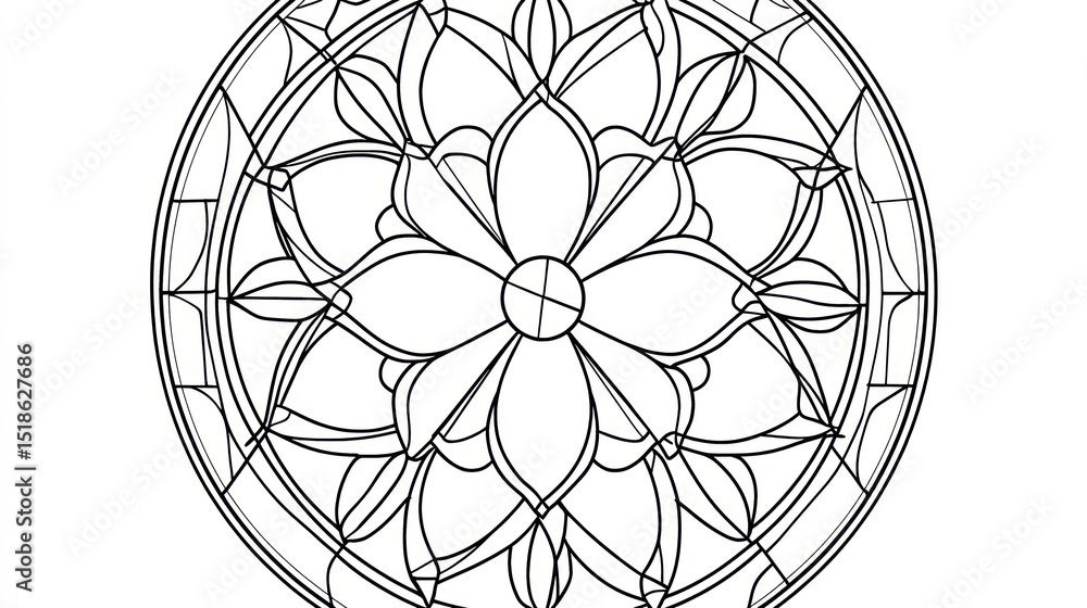 Fototapeta premium Circular stained glass design, intricate flower pattern, for coloring