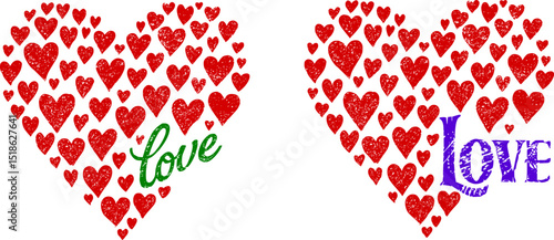 Vintage Distressed Heart Made of Small Hearts with Love Text – Romantic Vector T-Shirt Design on transparent Background