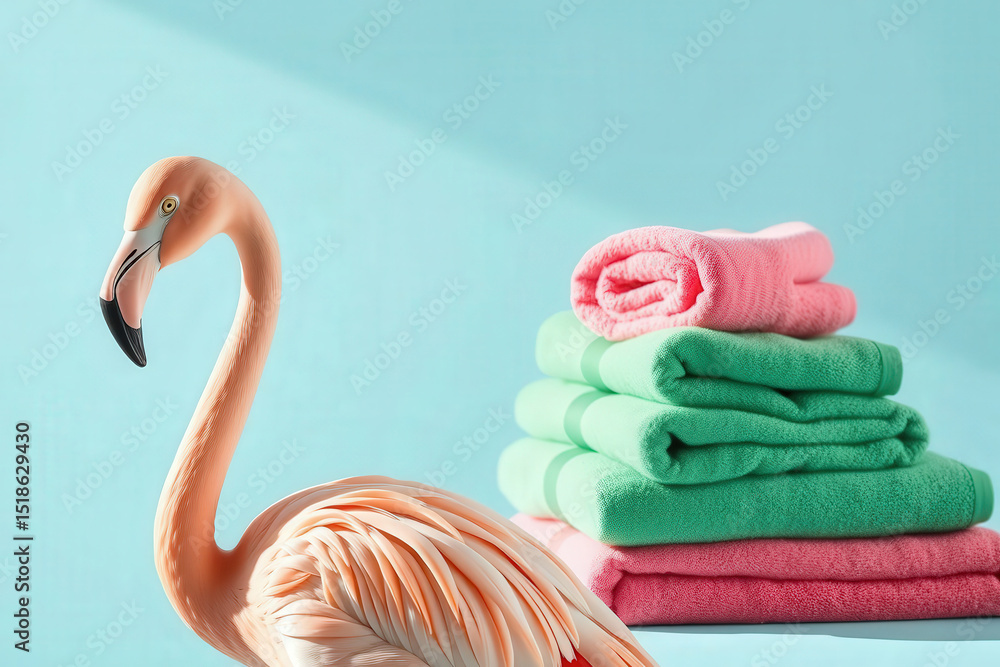 Naklejka premium Colorful towels and a flamingo decor create a vibrant atmosphere in a bright setting