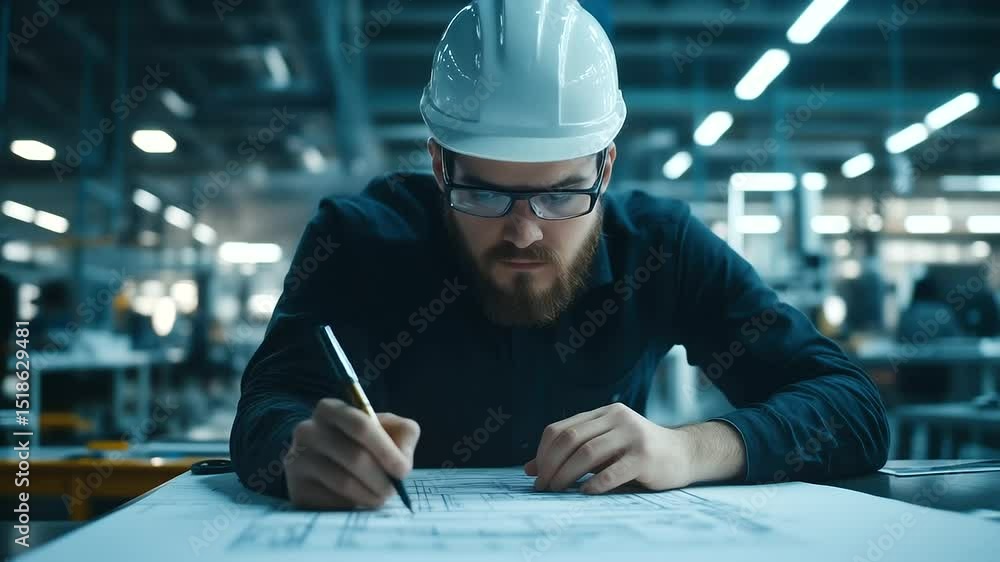 Close-up of an engineer in safety gear, with glasses and a hard hat, sketching on detailed architectural blueprints spread across a drafting table in a busy industrial office Close-up of an engineer in safety gear, with glasses and a hard hat, sketching on detailed architectural blueprints spread across a drafting table in a busy industrial office
