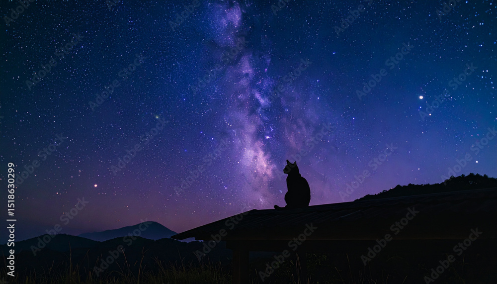 Fototapeta premium Silhouette of a Cat Against the Milky Way Galaxy at Night