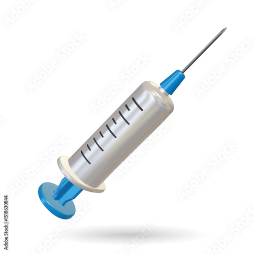 3d Realistic syringe medical icon. Vector illustration. Vaccine sign, pharmacy healthcare treatment, plastic tool with needle. Advertising for hospital or pharmaceutical company. Syringe sign for
