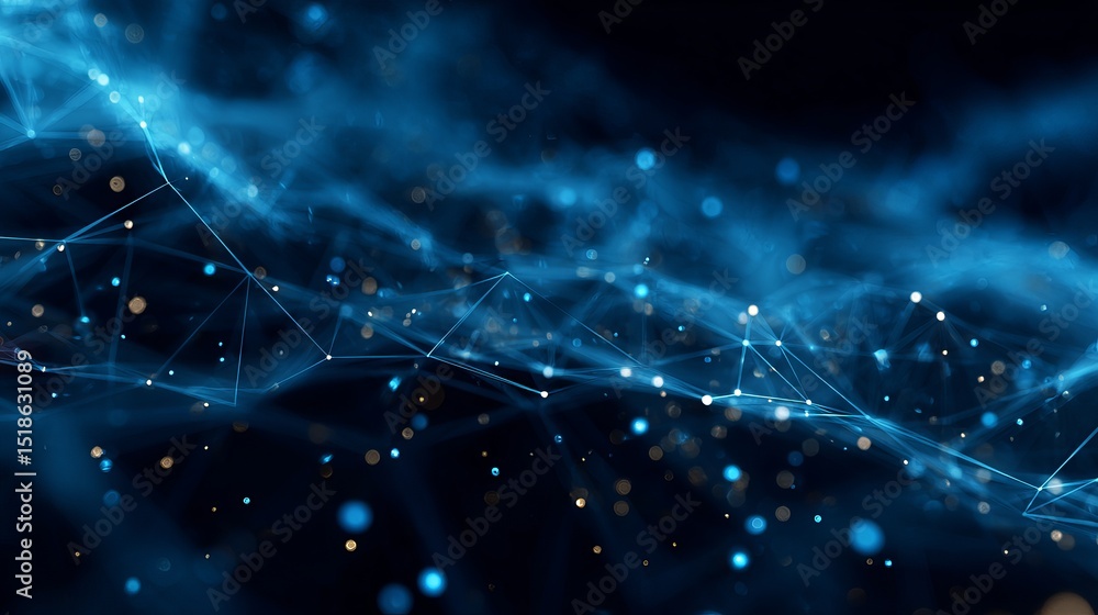 Obraz premium Abstract Blue Digital Network Background Modern Technology Futuristic Elegant Design Connection Lines Dots Particles Wave Glowing Sparkle Dark Blue Digital Art Abstract 