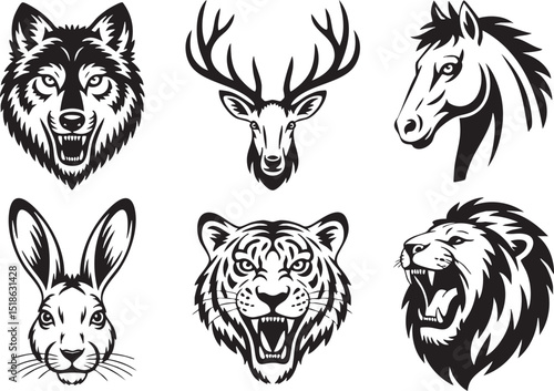 Collection of Animal Heads in Black and White Silhouette Style Featuring Wolf Deer Horse Rabbit Tiger and Lion silhouette