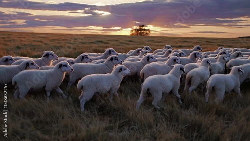 Jesus Leading Sheep Through Golden Meadow at Sunset.
