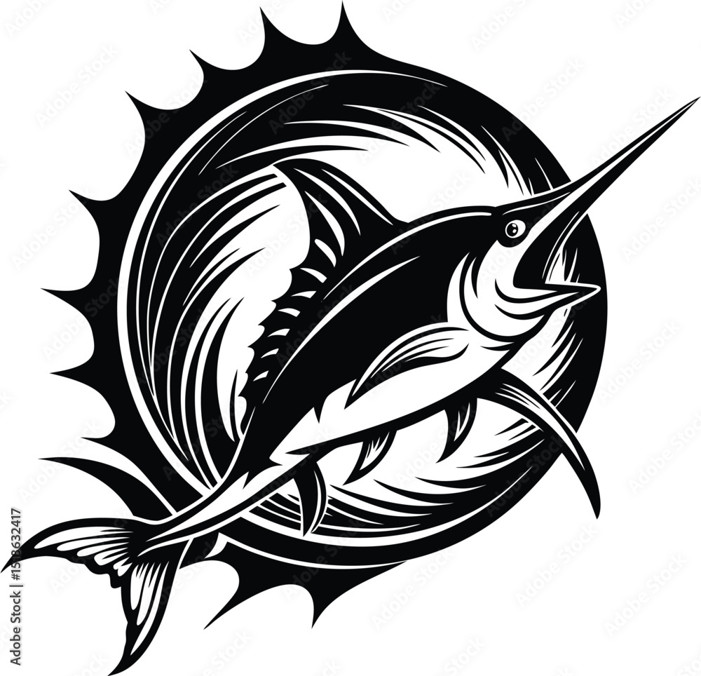 Naklejka premium Tribal Marlin Fish Vector Icon – Stylized Swordfish Leaping with Waves