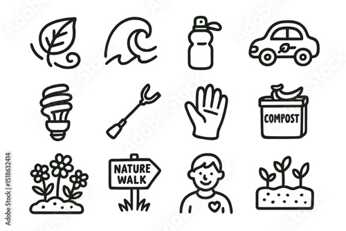 Eco-friendly lifestyle icons: nature, compost, recycling, energy, plants