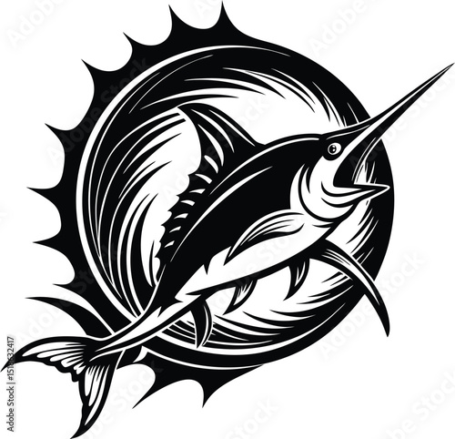 Tribal Marlin Fish Vector Icon – Stylized Swordfish Leaping with Waves