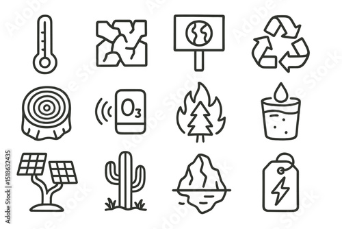 Climate change symbols: thermometer, recycling, solar panels, deforestation