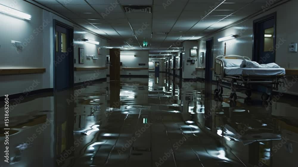 Water flooding the floor of a hospital corridor creates an eerie atmosphere, with an empty stretcher reflecting overhead lights in a dramatic, surreal scene Water flooding the floor of a hospital corridor creates an eerie atmosphere, with an empty stretcher reflecting overhead lights in a dramatic, surreal scene