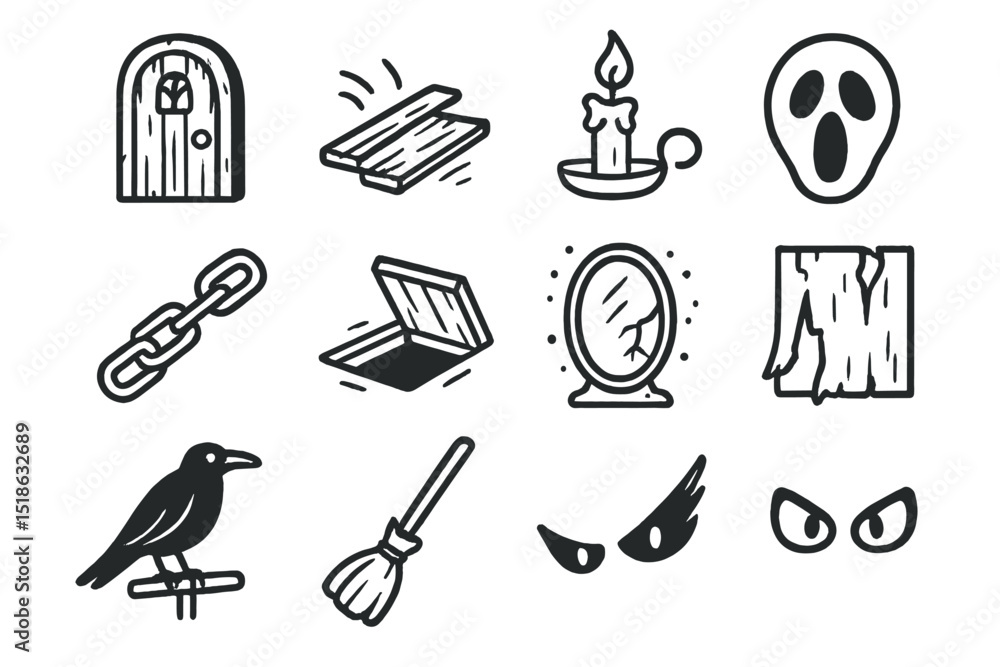Obraz premium Halloween icons set: candle, mirror, ghost face, broom, and more