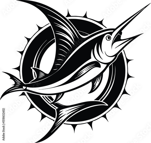 Tribal Marlin Fish Vector Icon – Stylized Swordfish Leaping with Waves