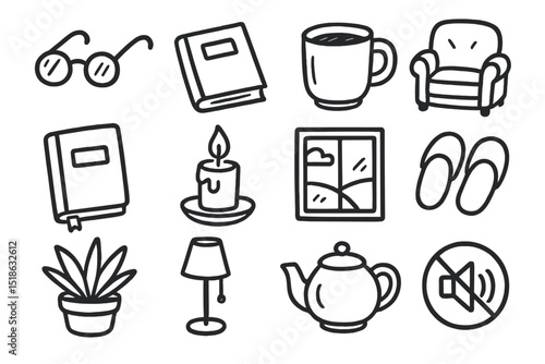 Cozy home icons: books, mug, armchair, candle, window, slippers, plant, lamp, teapot