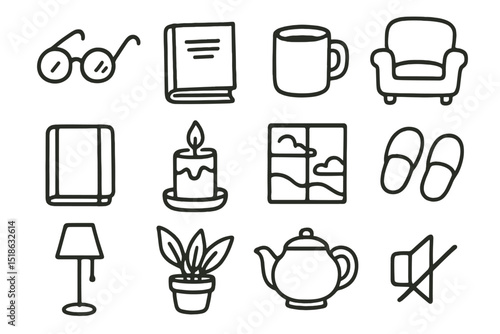 Cozy home elements: books, plants, tea, candles, and comfort